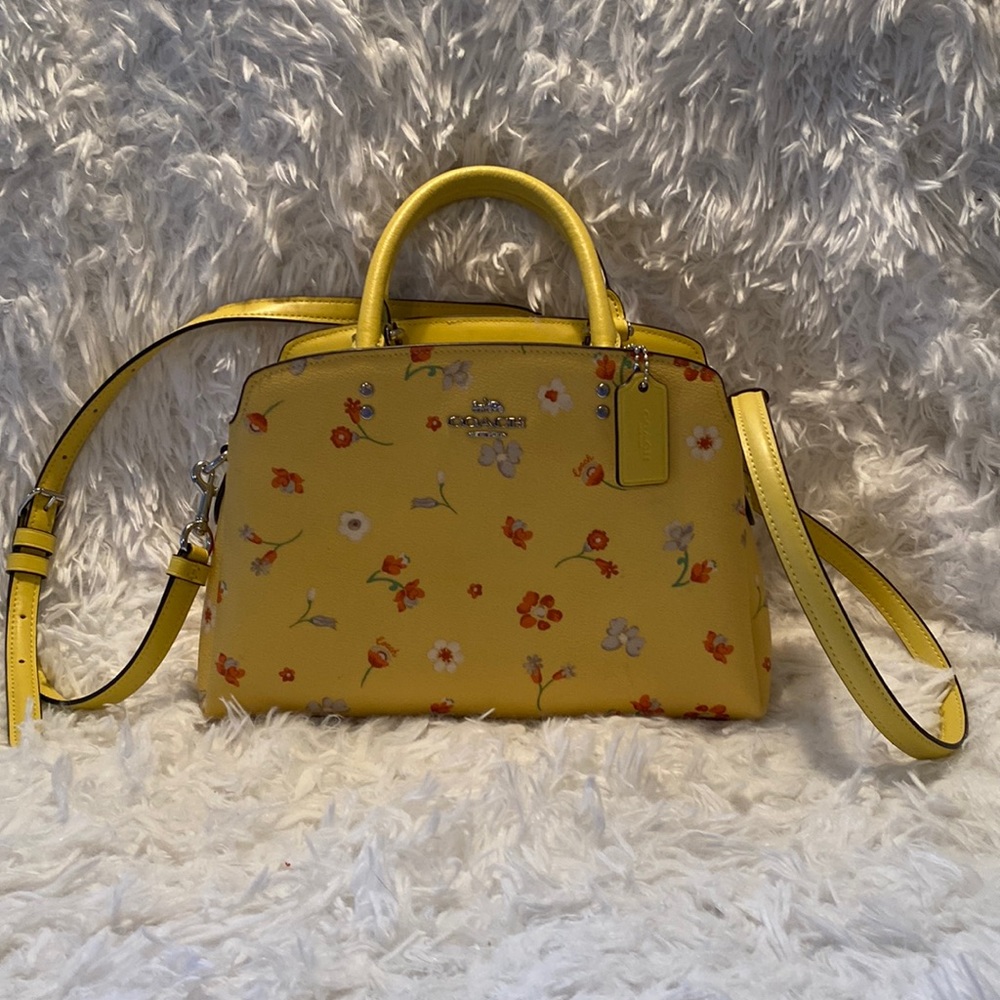 Yellow coach, mini satchel, leather with floral print